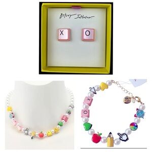 BETSEY JOHNSON SET Back to School Pearl Charm Necklace Bracelet Earrings NEW NWT
